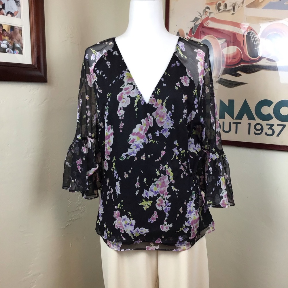Lauren Ralph Lauren Faux Wrap Bell Sleeve Top Sz L